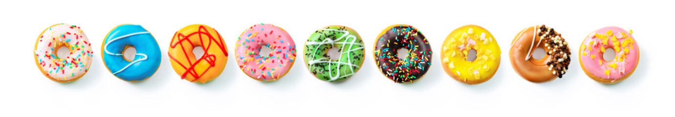 Various colourful donuts in a row