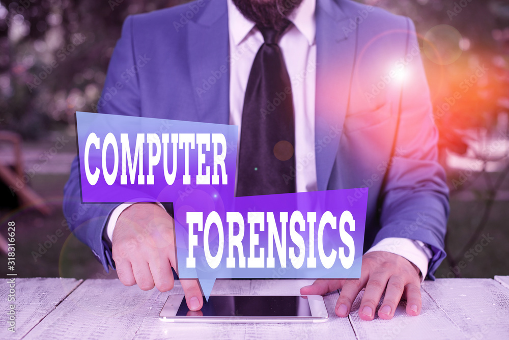 Aufkleber word writing text computer forensics. business photo showcasing the investigative analysis technique