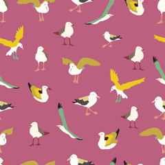 Vector seamless pattern background with seagulls. Pink background.