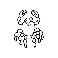 Cute crab for coloring page. Doodle illustration on white. Vector isolated outline drawing. Element for coloring books, posters, printing t-shirts, logos, stickers