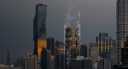 future construction industry and Internet of Things concept with modern buildings. 3d print...