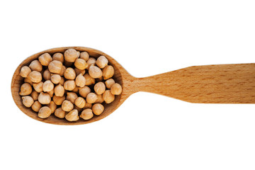 Chickpeas or Turkish peas in a wooden spoon on a white background
