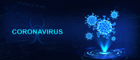 Hologram of coronavirus COVID-2019 on a blue futuristic background. Deadly type of virus 2019-nCoV. 3D models of coronavirus bacteria. Vectonic illustration in HUD style - obrazy, fototapety, plakaty