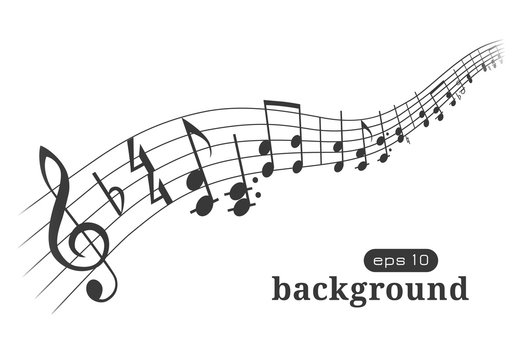 Musical background. Notes on line wave a solid isolated white background for design. Black notes isolated on white background. Doodle hand drawn notes. Monochrome abstract backdrop. Vector 