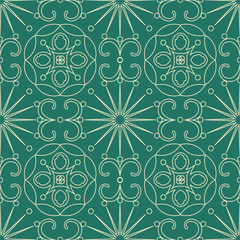 Decorative seamless pattern vector with openwork ornament on a green background. Abstract pattern for design cards, invitations, wallpaper, wrapping paper.