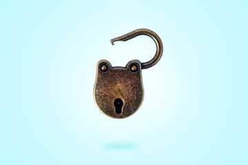 open bronze padlock levitate on a blue background