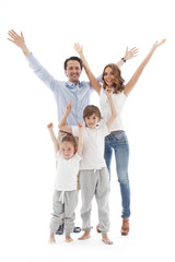 Family with raised hands on white