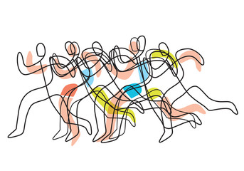 Marathon race, Group of running people, lineart style.  Colorful stylized illustration of runners silhouettes.Isolated on white background. Vector available.