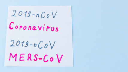 Coronavirus - 2019-nCoV. Handwritten text with 2019-nCoV, Coronavirus, MERS-CoV. Chinese coronavirus outbreak. MERS-Cov middle East respiratory syndrome coronavirus. Blue background