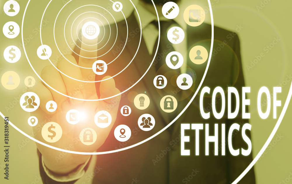 Aufkleber writing note showing code of ethics. business concept for basic guide for professional conduct and i