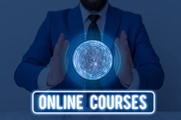 Text sign showing Online Courses. Business photo text courses deliver a series of lessons to a web...