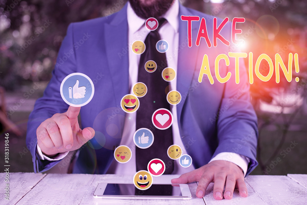 Aufkleber writing note showing take action. business concept for do something official or concerted to achieve