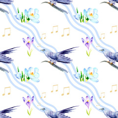 watercolor seamless pattern - spring, birds, chicks nest