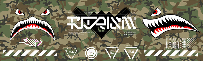 Military prints for clothes, T-shirts and other merchs. Futuristic lettering and design elements on a seamless camouflage background. Modern clothes for the city. Trendy Digital Prints set. Vector © SergeyBitos