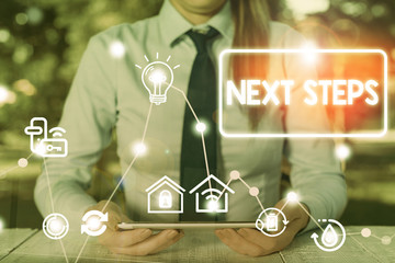 Writing note showing Next Steps. Business concept for something you do or plan after you ve...