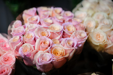 Beautiful bouquet of rosy peach roses in the transparent wrapping paper