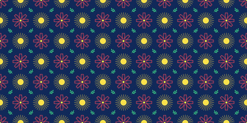 Summer seamless pattern with sun, geometric flower and leaf branch. Spring floral texture