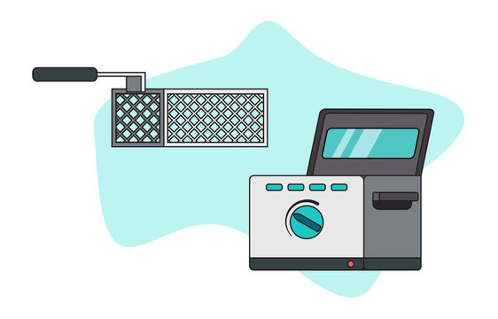 Vector Illustration Of A Deep Fryer In A Flat Style. Home Appliances For Cooking French Fries And Other Fried Foods In Hot Oil. Fastfood Cooking Symbol. Kitchen Equipment.