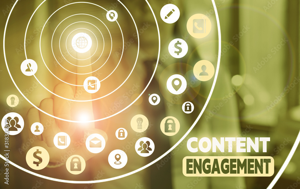 Aufkleber conceptual hand writing showing content engagement. concept meaning action a user takes on a given p
