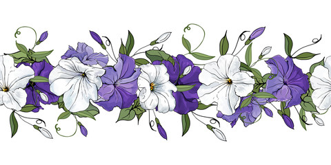 Floral border with petunia on white background. Seamless brush of white, violet flowers and green leaves. Hand drawn. For wedding invitations, greeting cards.  Vector stock illustration.