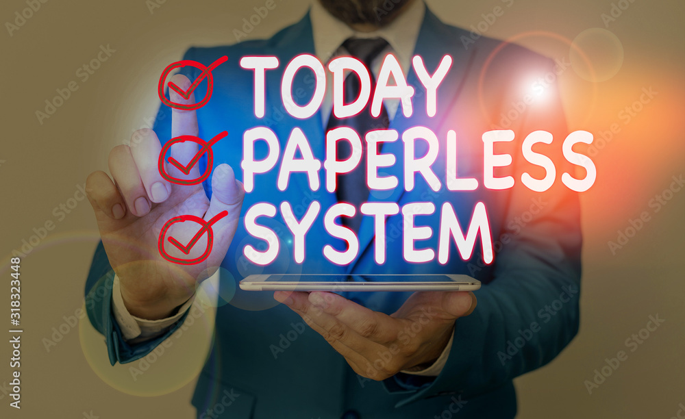 Aufkleber writing note showing paperless system. business concept for storage or communication of information 