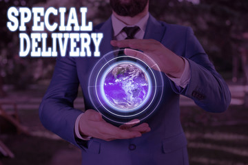 Text sign showing Special Delivery. Business photo showcasing delivery of a letter or package quicker and more expensive Elements of this image furnished by NASA