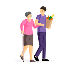 Guy helping old lady vector illustration. Happy aged woman and young man walking together cartoon characters. Son carrying grocery for aged mother, elderly care, family support design element