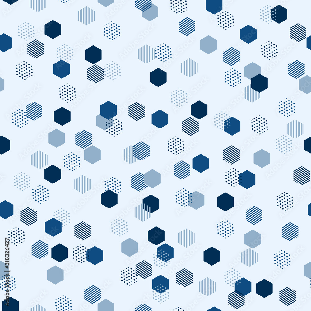 Poster Modern blue seamless pattern with blue abstract background for classic vector design. Modern geometric vector texture. Abstract geometric seamless pattern. Hexagon background. Hexagonal cell texture.