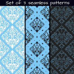 Set of 3 seamless patterns in Victorian style. Vector ornament.Victorian art print, background for fabric design, wallpaper, wrapping.