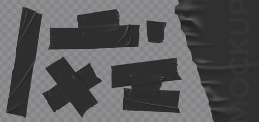 Set masking tape. Torn tape. Vector realistic black adhesive and grey masking tape pieces. Isolated vector illustration