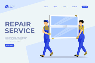 Window installation service landing page template. Cheerful handymen, repairmen carrying new windowpane cartoon characters. Professional builders, engineers services webpage layout