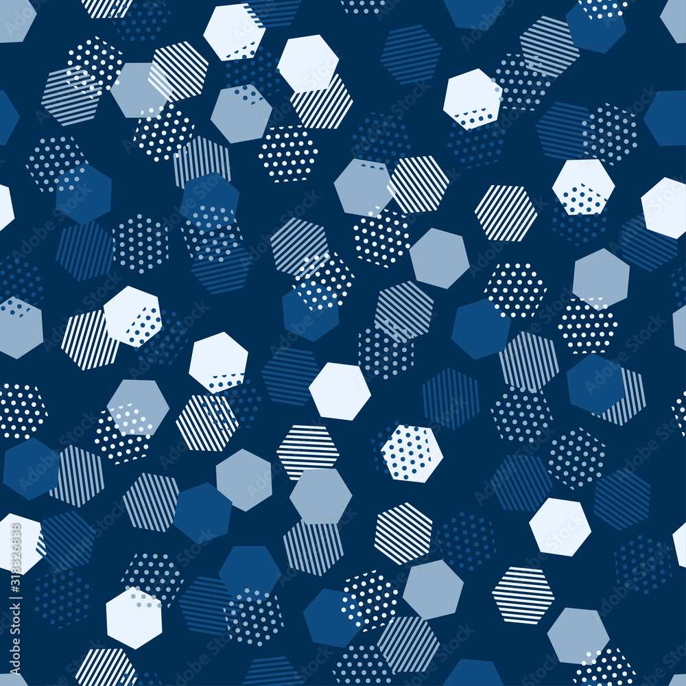 Poster Modern blue seamless pattern with blue abstract background for classic vector design. Modern geometric vector texture. Abstract geometric seamless pattern. Hexagon background. Hexagonal cell texture.