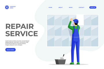 Tile layer services flat landing page template. Repairman fixing tiles to wall cartoon character. Professional workman, handyman, construction work specialist homepage design with text space