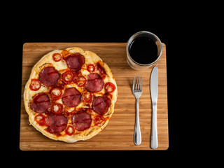 Pizza with salami and cheese. Top view. Free copy space.