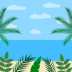 Fototapeta na wymiar Landscape in cartoon flat style. Fantastic seaside with palm trees and seashore. Vector illustration
