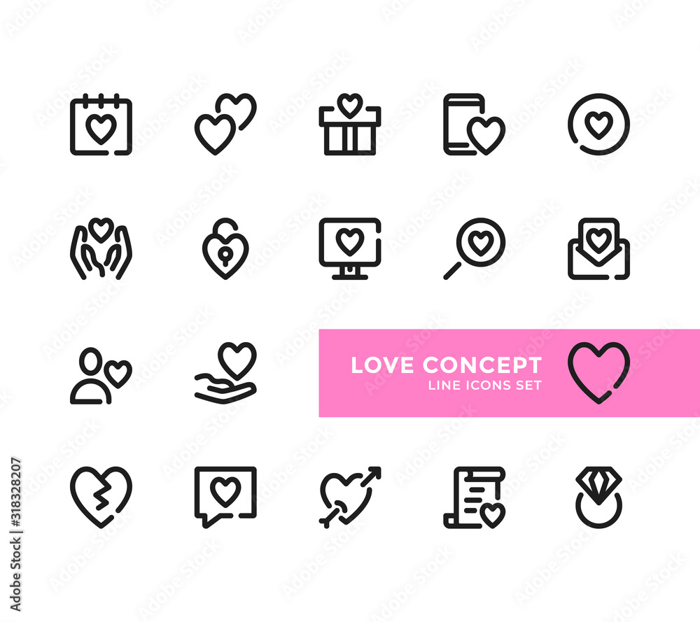 Poster love line icons set. pixel perfect. modern outline symbols collection, minimal style simple linear g