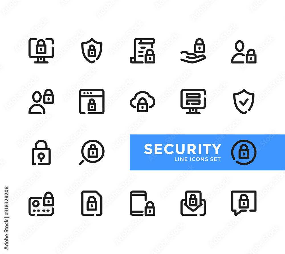 Fototapete security line icons set. pixel perfect. modern outline symbols collection, minimal style simple line