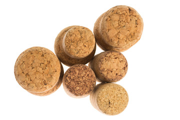 set of wooden champagne corks, wine isolated on white background