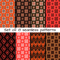 Set of 8 seamless patterns in ethnic style. Boho ornament. Tribal art print, background for fabric design, wallpaper, wrapping.