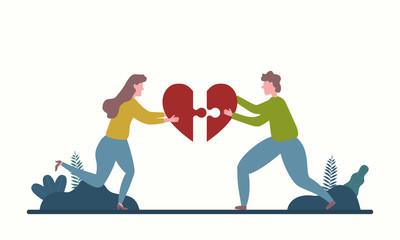 Men and women who assemble the puzzle in heart form. Concept of love. Illustration for Valentine's day. Vector.