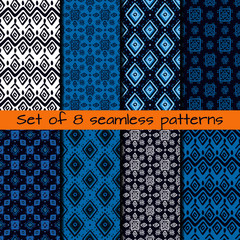 Set of 8 seamless patterns in ethnic style. Boho ornament. Tribal art print, background for fabric design, wallpaper, wrapping.