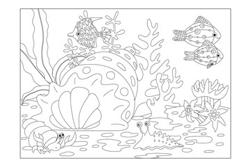 Coloring sheet for children. Underwater landscape with a house in the form of a shell and decorative fish. Poster. Vector