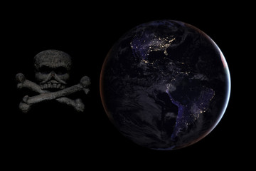 Skull and crossbones on the background of the planet earth. Elements provided by NASA.