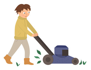 Vector illustration of a boy cutting grass with lawn mower isolated on white background. Cute kid doing garden work. Spring gardening activity picture with funny character. .