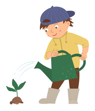 Vector illustration of a boy watering plant isolated on white background. Cute kid doing garden work. Spring gardening activity picture with funny character. .