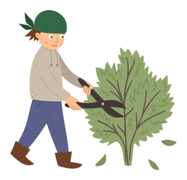 recommend clip art: Vector illustration of a boy pruning bush with shears isolated on white background. Cute kid doing garden work. Spring gardening activity picture with funny character. .