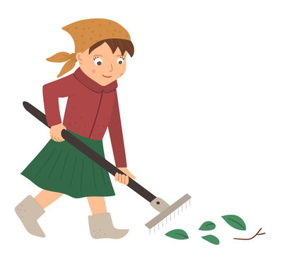 Vector illustration of a girl raking leaves with rakes isolated on white background. Cute kid doing garden work. Spring gardening activity picture with funny character. .