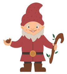 Vector cute garden gnome. Funny dwarf with bird, and stick isolated on white background. Traditional gardening leprechaun sculpture..