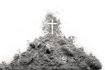 Golgota hill with Jesus cross made of ash as christian religion, Ash Wednesday, Good Friday, Easter or Lent concept illustration