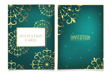 Fototapeta na wymiar Beautiful hand drawn invitation card set with copy space for your text. Decorative openwork vector gold snowflakes for design on a dark turquoise background. 